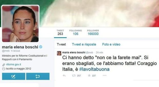 Renzi twitta: "Impegno mantenuto". Boschi: "Ce l'abbiamo fatta"
