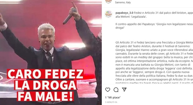 Papaboys contro Fedez e Articolo31, l'appello alla Meloni: «Non legalizzare la droga, fa male»