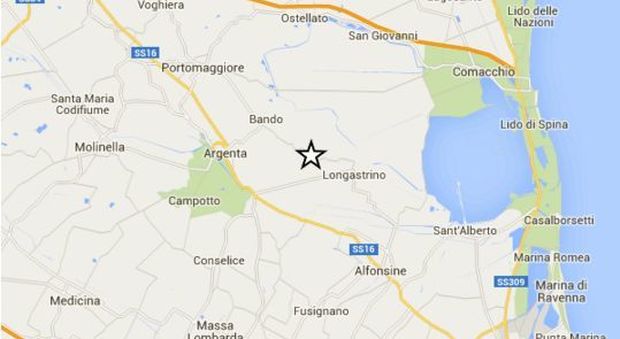 L'epicentro del terremoto di magnitudo 3.1 tra Ravenna e Ferrara