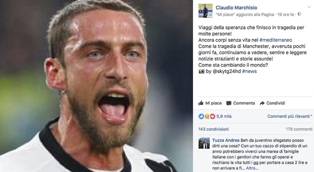 Marchisio e il post su Fb sui migranti. Commenti choc: "Vaff..., sei una m***a"