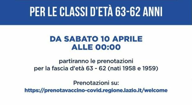 Lazio, vaccini: stanotte aprono le prenotazioni per i 62-63enni