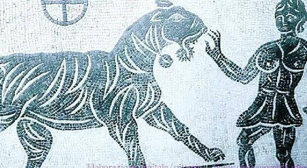Un particolare del mosaico esposto al Museo Nazionale Romano che raffigura due donne che affrontano una tigre