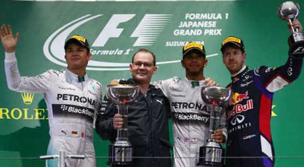 Il podio del GP del Giappone con Hamilton, Rosberg e Vettel