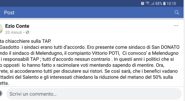 «Tap, Vittorio Potì e gli altri sindaci del territorio erano d'accordo». Il post choc dell'ex primo cittadino di San Donato