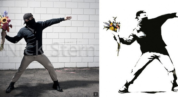 A sinistra la rivisitazione fotografica di Nick Stern, a destra l'originale dello street artist Banksy