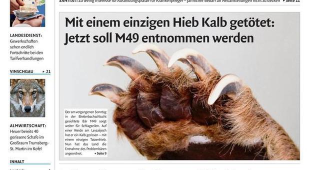 La prima pagina del Dolomiten Tageszeitung, giornale di lingua tedesca del Sudtirolo
