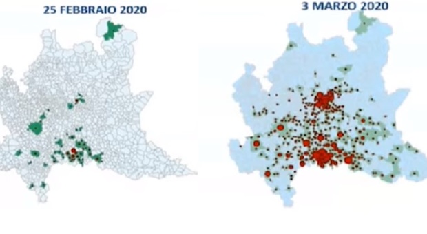 Il contagio in Lombardia. A sinistra la mappa del 25 febbraio, a destra quella del 3 marzo