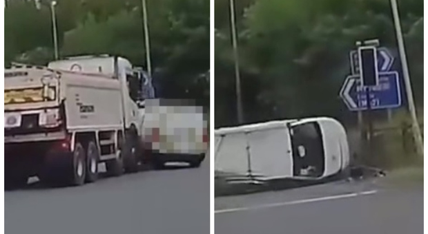 Furgone sorpassa a tutta velocità un camion tagliandogli la strada: il mezzo si ribalta. Il video choc è virale