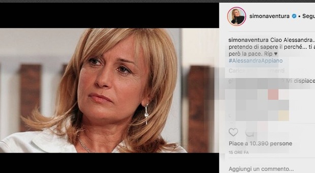 Alessandra Appiano, il cordoglio dei vip sui social. Simona Ventura: «Non pretendo di sapere il perché. Ti auguro la pace»