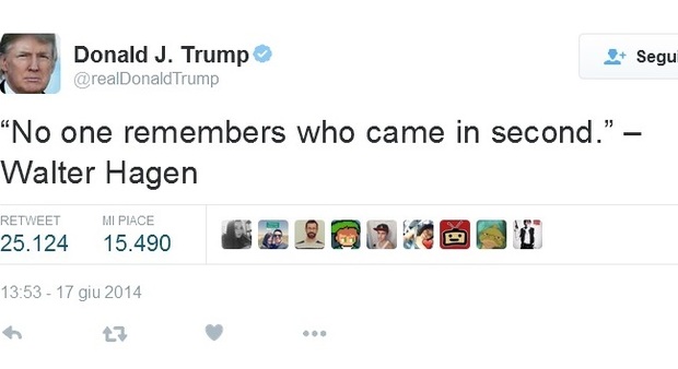 Uno dei diversi tweet in cui Donald Trump cita la celebre frase di Walter Hagen