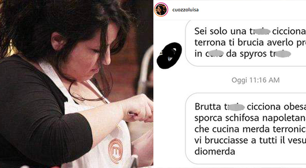 A sinistra Luisa durante una puntata di Masterchef Italia, a destra lo screen shot di un messaggio di insulti