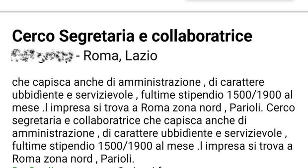 Roma, «Cercasi segretaria ubbidiente e servizievole», annuncio di lavoro choc: bufera sul web
