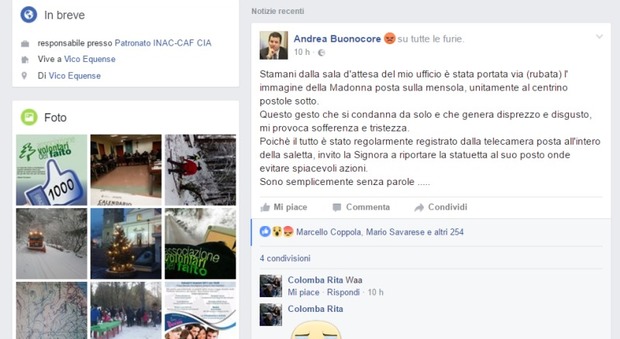 Screenshot pagina Facebook del sindaco Andrea Buonocore