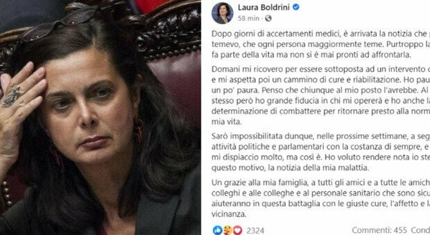 Laura Boldrini ricoverata in ospedale: «Domani sarà operata, ho paura»