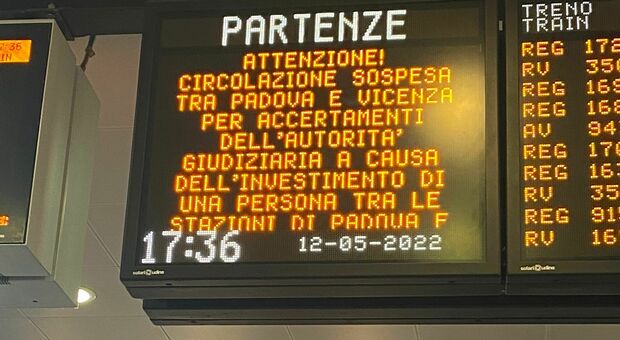 Investimento mortale sui binari della linea Padova-Vicenza: traffico ferroviario sospeso