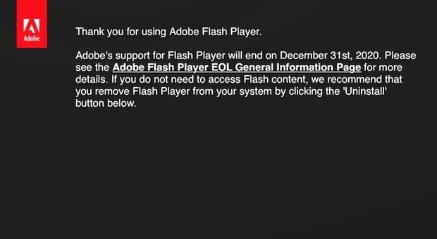 Adobe Flash Player addio: sistema spento, è consigliato disintallarlo