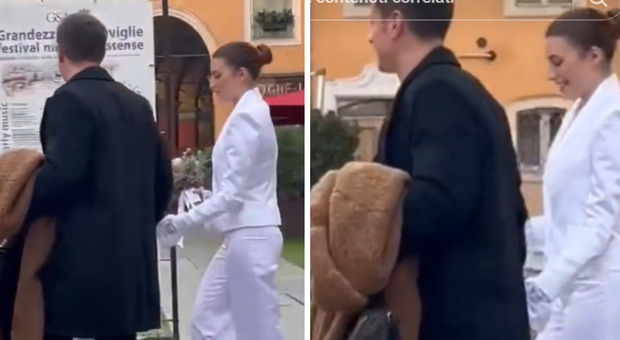 Benjamin Mascolo sposa (in segreto) Greta Cuoghi, il video delle nozze: il rito civile a Modena, lei (bellissima) con un tailleur pantalone