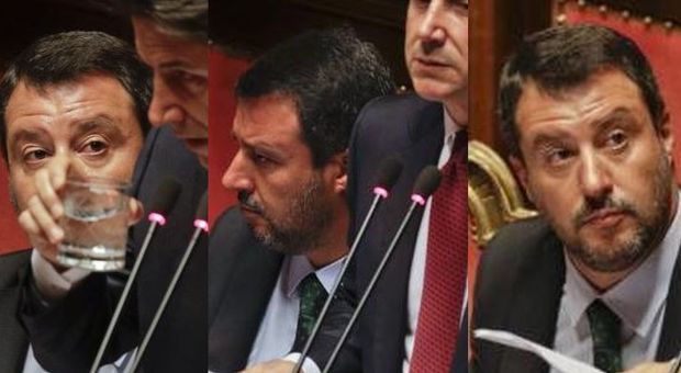 Conte lo attacca al senato: tutte le facce di Salvini durante il discorso