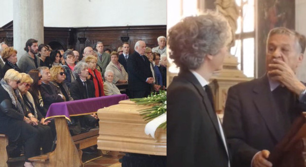 Renato Pozzetto con la famiglia di Toffolo in chiesa e mentre si commuove sul pulpito ricordando l'amico Lino