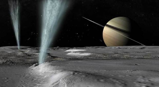 Un'immagine artistica dei geyser di Encelado e sullo sfondo Saturno