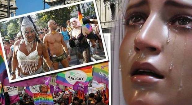 Scene del Gay Pride accanto all'immagina della Madonna in lacrime