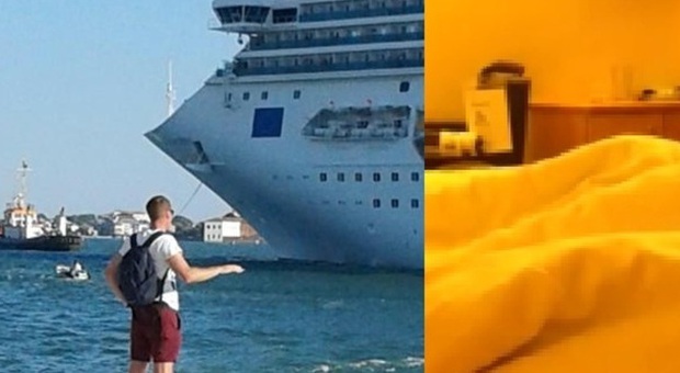 La nave a Venezia e un frame del video a bordo