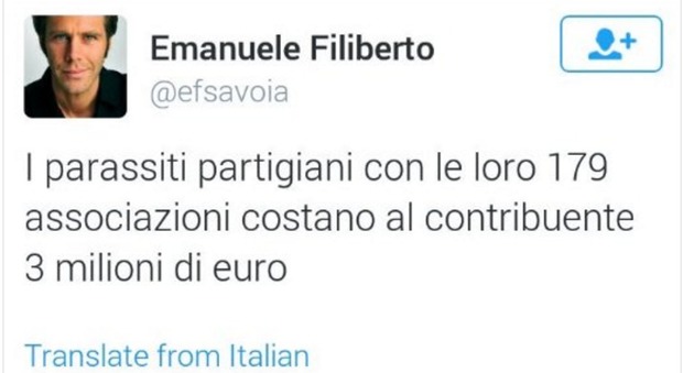 Emanuele Filiberto contro i Partigiani su Twitter, poi si difende