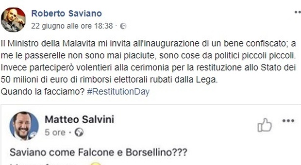 Salvini querela Roberto Saviano su carta intestata del Viminale: lo ha chiamato «ministro della Malavita»
