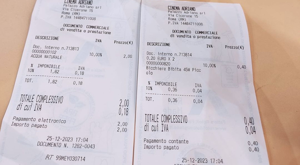 Scontrini, torna la polemica: «Acqua a 2 euro e bicchieri a 40 centesimi al cinema in Prati». La "denuncia" divide il web