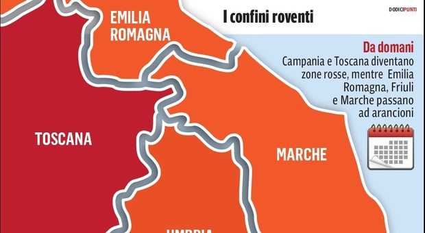 Covid, le Marche arancioni insieme ad altre otto regioni. Il Lazio resta giallo: occhio agli spostamenti