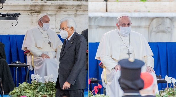 Preghiera per la Pace, Papa Francesco con la mascherina in Campidoglio