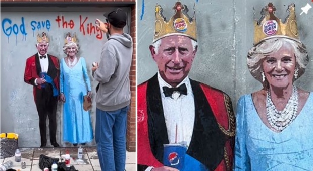 Re Carlo e Camilla mangiano al Burger King: il murales di TVBoy a Bristol stupisce i fan