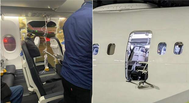Portellone del boeing dell'Alaska Airlines vola via dopo il decollo, l'audio del pilota: «Siamo depressurizzati». I cellulari risucchiati dal vortice d'aria