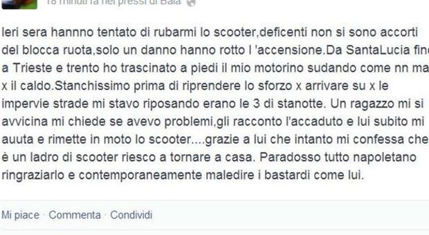 Napoli, il racconto su Fb: «La mia notte paradossale: tentano di rubarmi lo scooter, poi un ladro mi fa tornare a casa»
