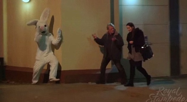Terrorizza i passanti vestito da coniglio. Ma la vittima dello scherzo è lui