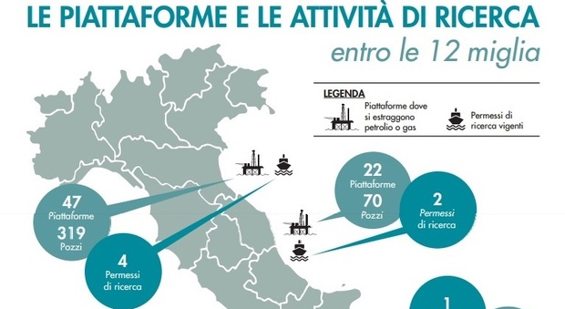 La mappa delle trivelle di Legambiente (su dati 2015 del Ministero dello Sviluppo Economico)