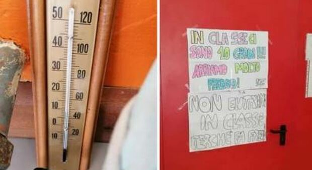 Il termometro in classe che segna solo 10 gradi centigradi e un cartello che avvisa di "non entrare"