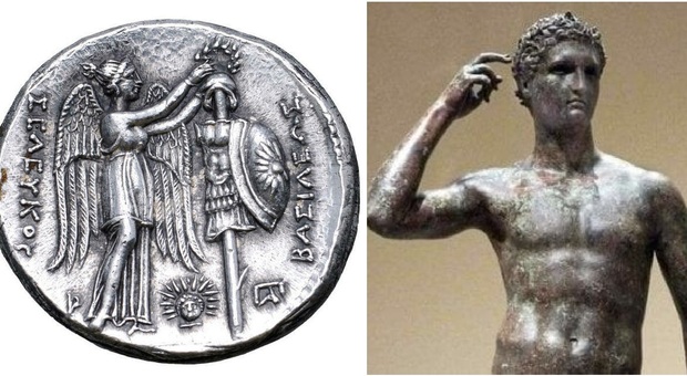 A sinistra il profilo del Lisippo e a destra il tetradramma d’argento di Seleuco I Nikatore