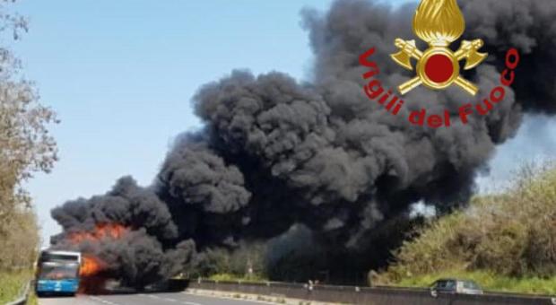 Roma, bus Cotral va a fuoco sulla Pontina: il mezzo completamente distrutto