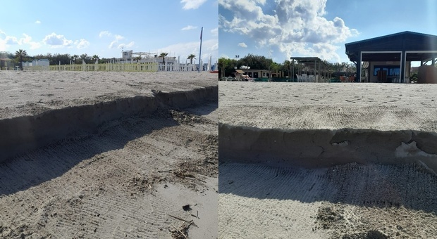 Sottomarina, la bomba d'acqua con mareggiata "mangia" la sabbia, in spiaggia compare il maxi gradino