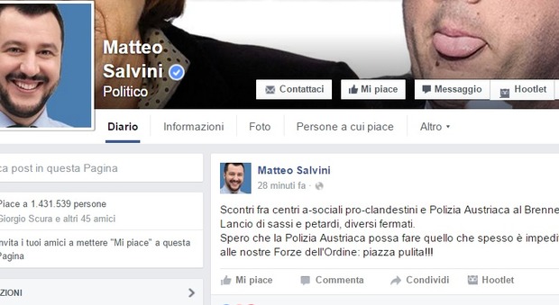 Salvini: «Spero che la polizia austriaca faccia piazza pulita!!!»