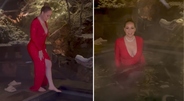 Mariah Carey e il tuffo di Capodanno nell'idromassaggio: l'abito rosso bagnato è ancora più sexy
