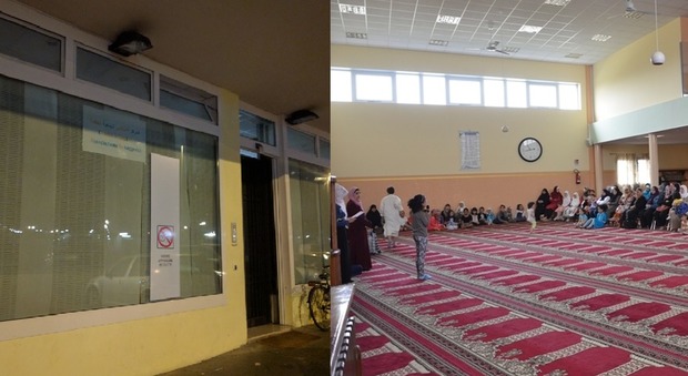 L''entrata e l'interno del centro islamico di via Turazza