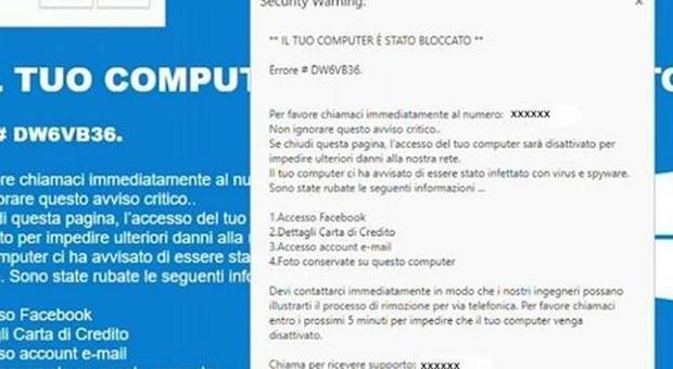 Truffa del Security warning: «Il tuo computer è stato bloccato». La polizia postale lancia l'allarme