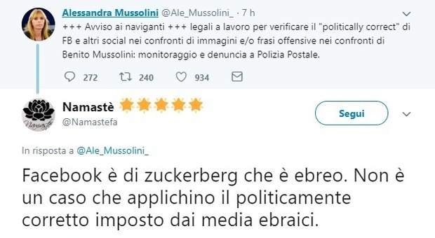Alessandra Mussolini sfida gli "hater" di suo nonno. Ma poi mette un like al commento «Zuckerberg ebreo»