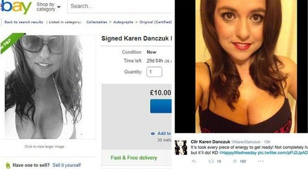 Karen Danczuk, la moglie del politico britannico che vende i selfie del suo seno autografato (Twitter/Ebay)
