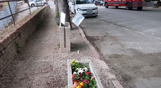 I fiori e il cartello contro i ladri in viale Roma