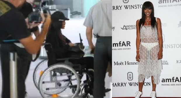 Naomi Campbell in sedia a rotelle e alla sfilata