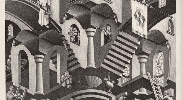Maurits Cornelis Escher Convesso e concavoMarzo 1955 Litografia, 27,5x33,5 cm Collezione Giudiceandrea Federico All M.C. Escher works © 2016 The M.C. Escher Company. All rights reserved