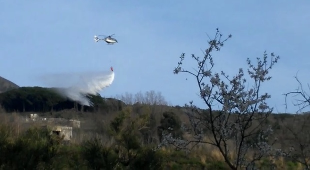 Tornano le fiamme sul Vesuvio: rogo vistoso, elicottero in azione